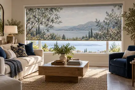 Sunlit living room with a custom botanical roller shade